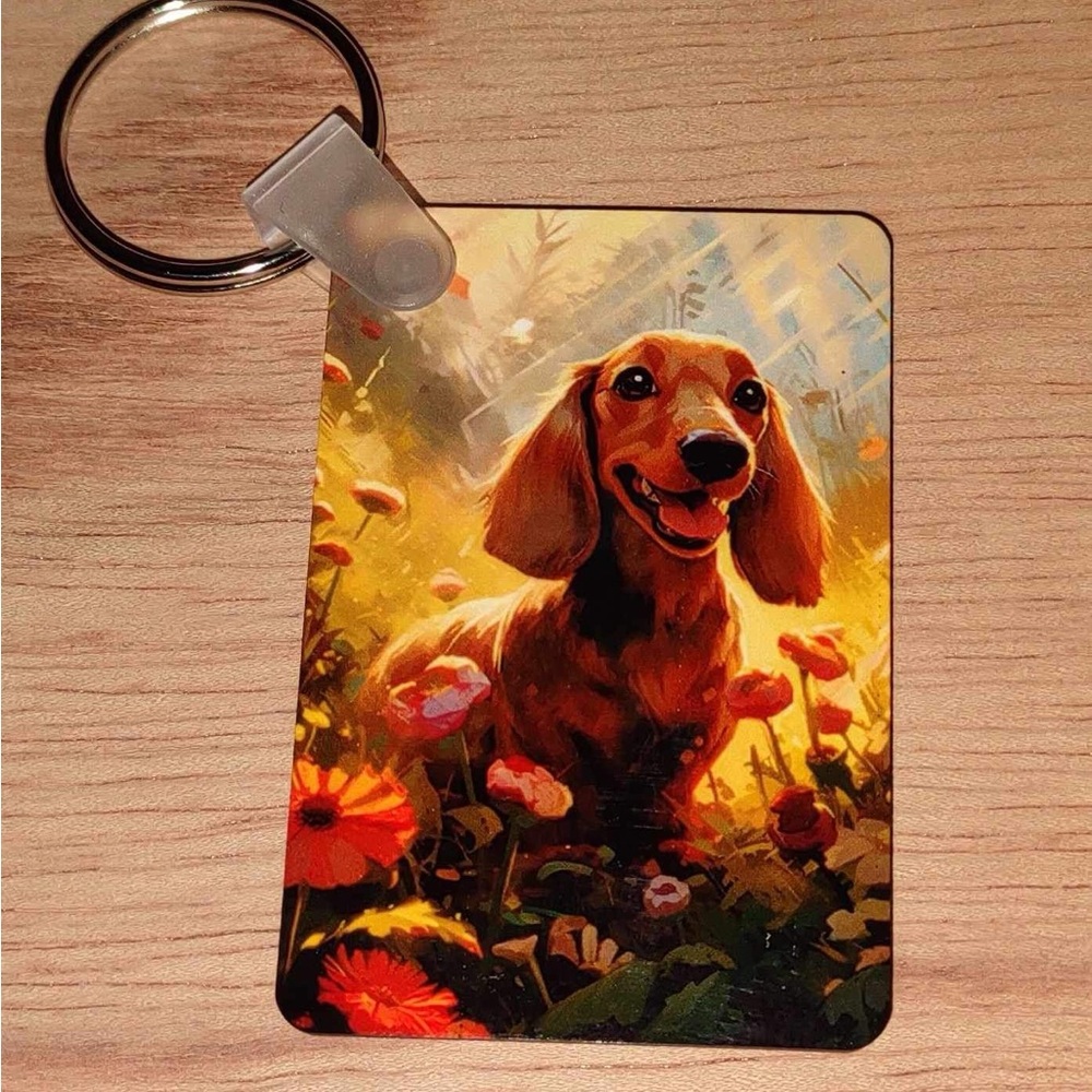 Smiling, floral dachshund doxie keychain